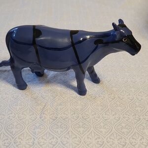 K'S Collection Blue Black Striped Hand Painted Cow Figurine 7"x3.5"